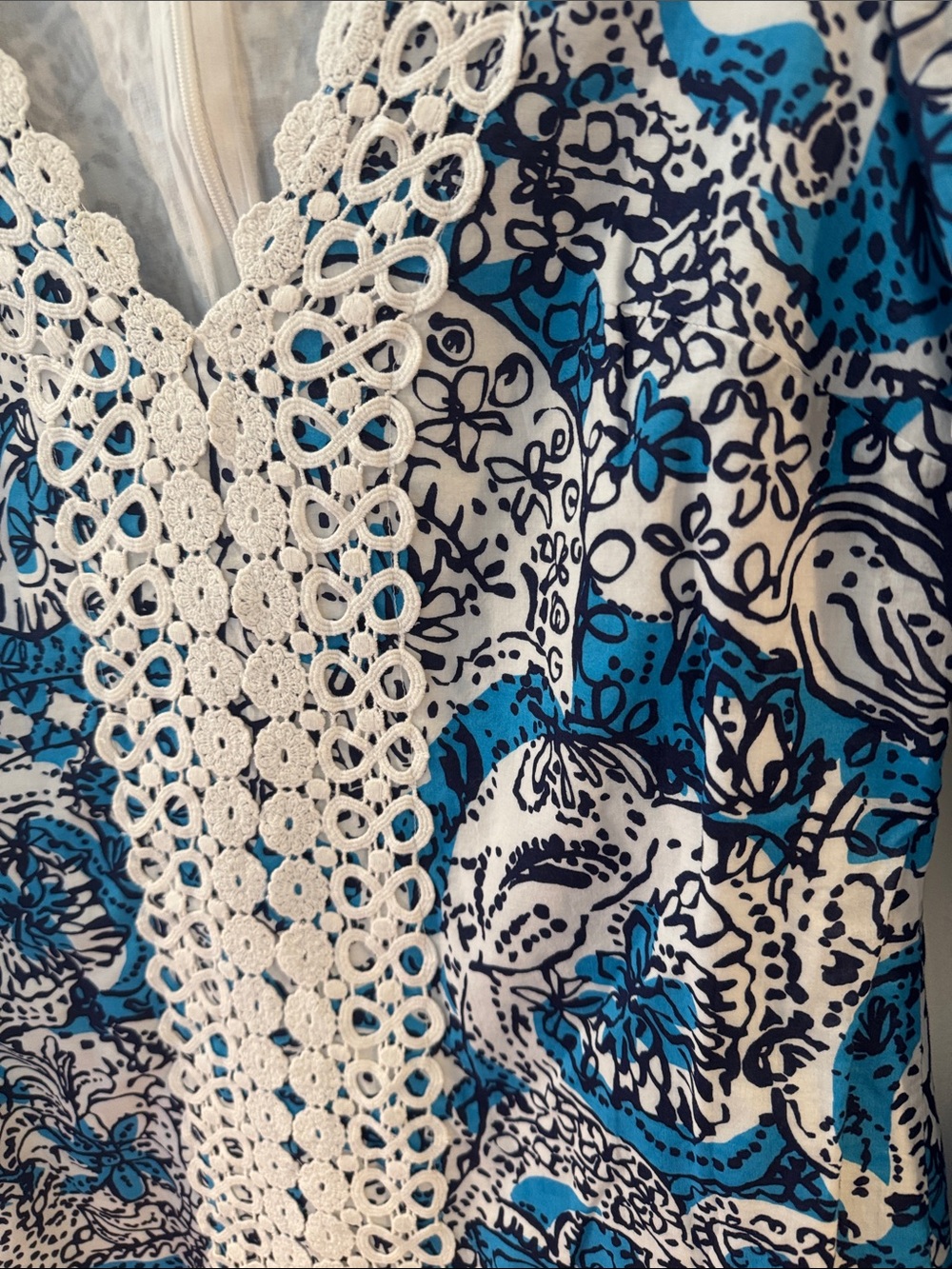 Lilly Pulitzer Blue White Crochet-Trim V-Neck Tunic Dress - Picture 3 of 4